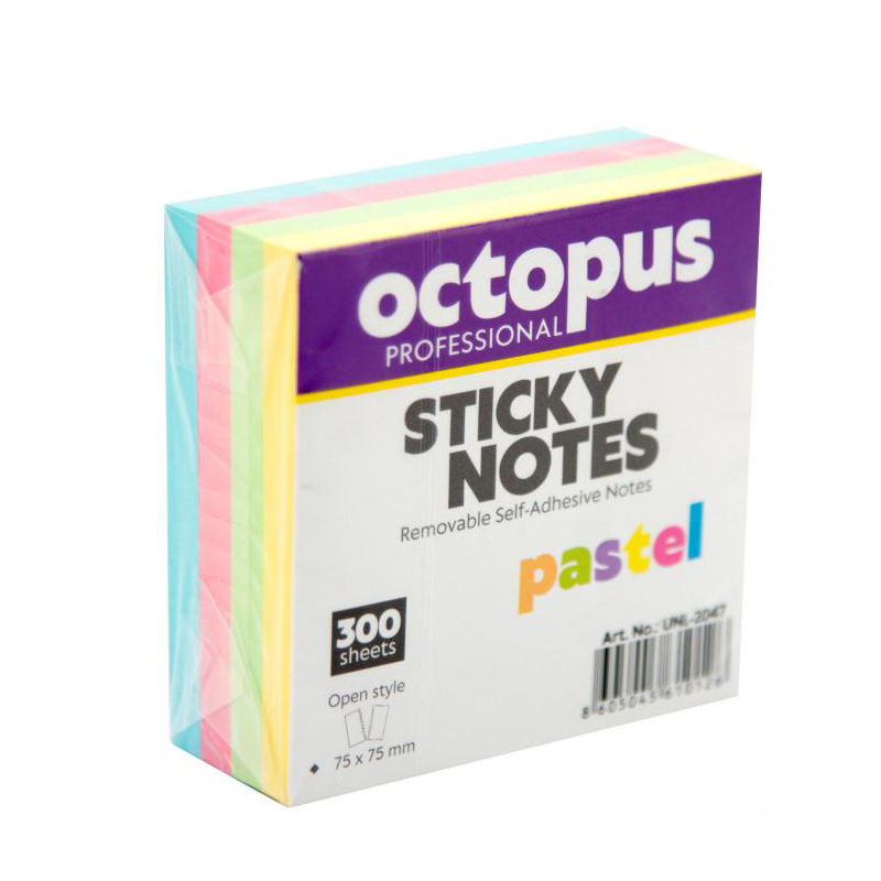 Bločky samolepiace OCTOPUS 75x75 pastel 300l mix