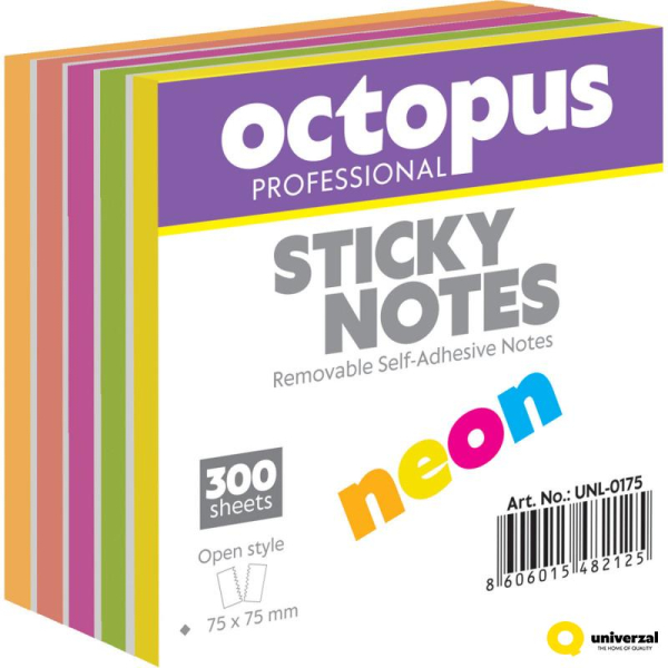 Bločky samolepiace OCTOPUS 75x75 neon 300l mix